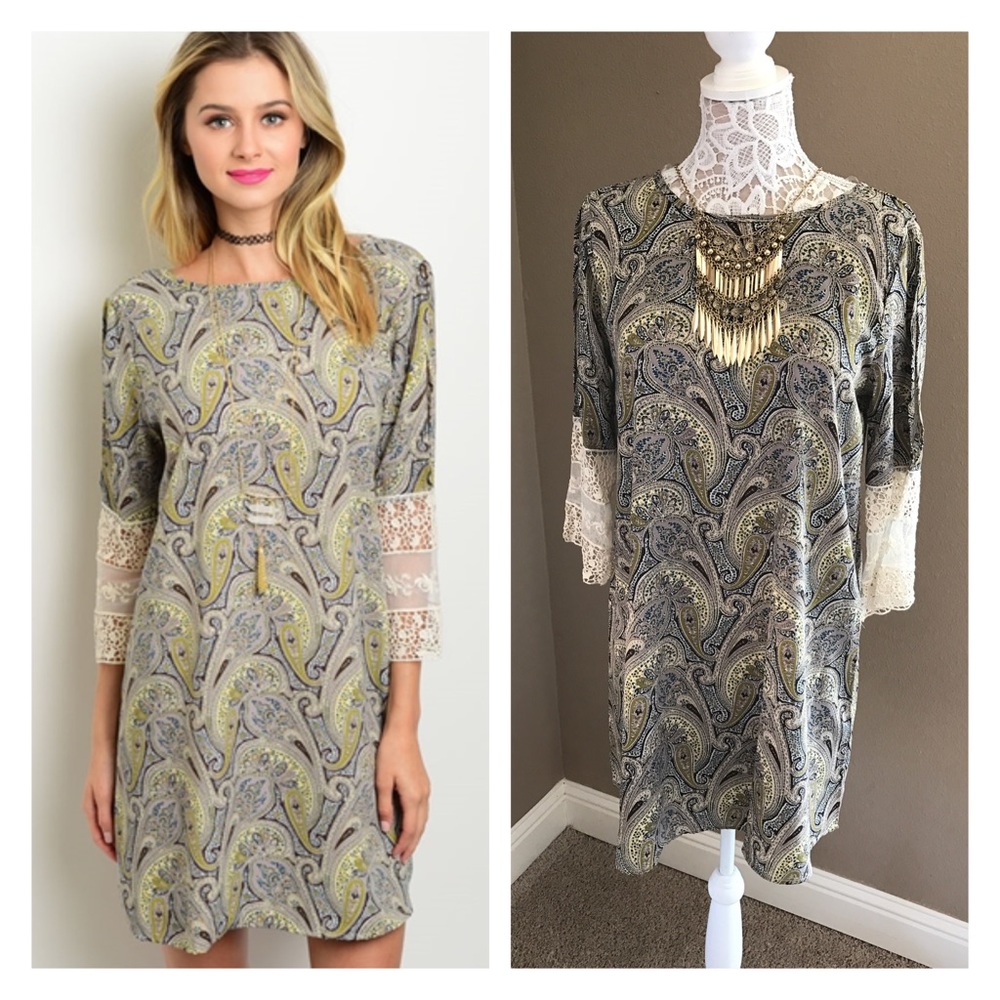 Paisley lace and crochet sleeve shift dress